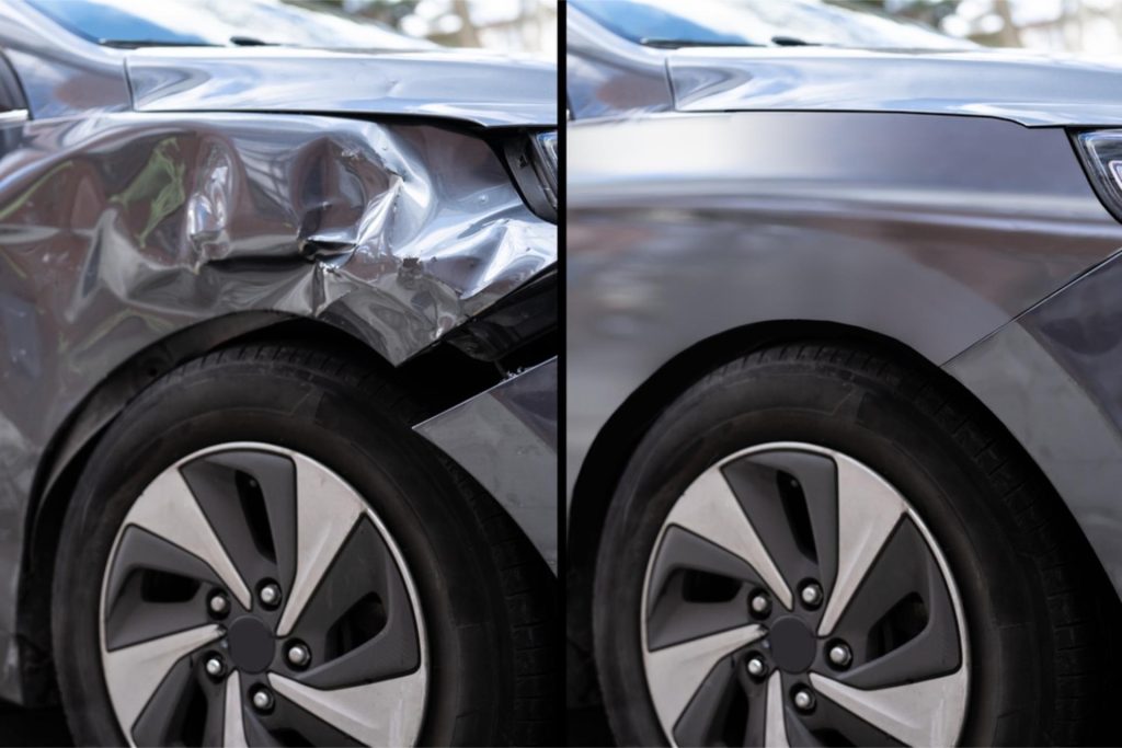a before and after of vehicle side body damage